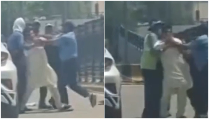 Stills taken from viral CCTV footage shows police personnel fighting with a citizen in Peshawar on May 21, 2025. —Reporter