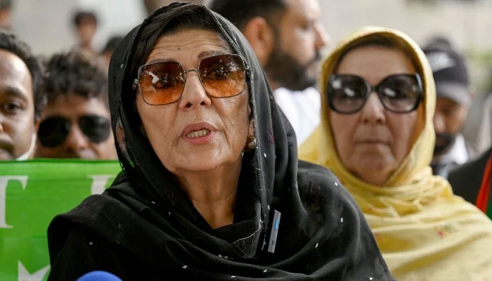 Aleema Khan, sister of  Imran Khan, speaks to the media after a court verdict outside the Islamabad High Court on June 3, 2024. — AFP
